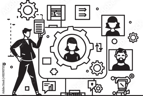 Modern HR Concept: A stylized illustration depicting a professional meticulously overseeing a network of interconnected systems and profiles, embodying the essence of human resource management.