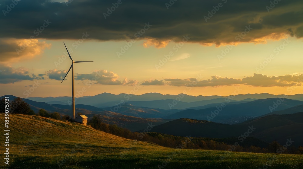 Obraz premium Wind turbine on grassy hill overlooking layered mountains at sunset