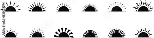 Black sunrise icons set showing horizon with sun rays in different phases minimal flat design silhouette style vector illustration for web and graphic design projects