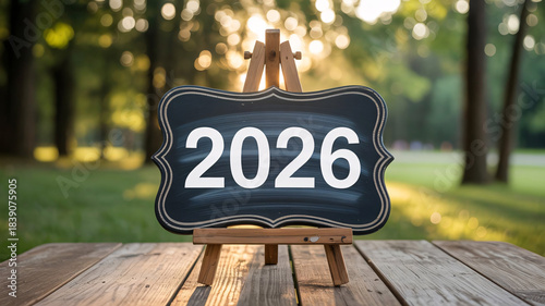 Rustic Chalkboard “2026” Sign on Wooden Easel with Forest Background