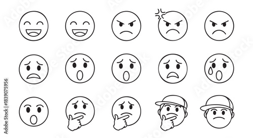 Different facial expressions in black and white line art illustration design
