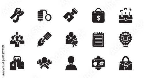 Diverse Medical and Economic Icons Set in Elegant Black Silhouette Style