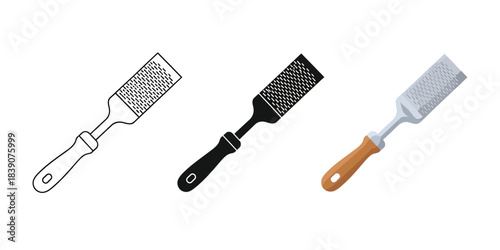 Three handheld graters outline, silhouette, and color illustration