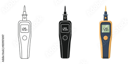 Three illustrations of a digital voltage tester or multimeter pen with a display showing 120 volts