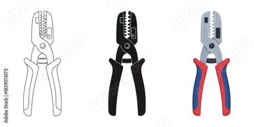 Three wire crimping tool illustrations outline, silhouette, and color version
