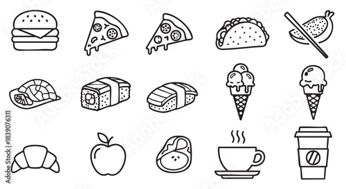 Doodle style food seamless pattern featuring burger pizza and sushi