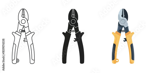 Three bolt cutters icons outline, silhouette, and color illustration