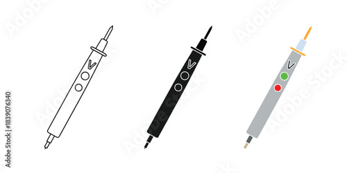Three voltage tester pens in outline, solid black, and color versions