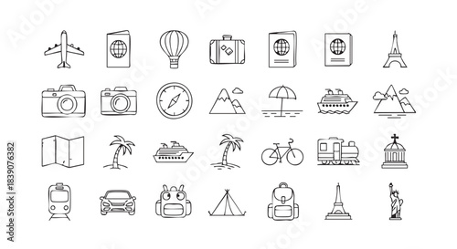 Doodle Travel Icons Set with Airplane Car Train and Vacation Elements