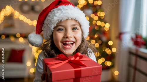Joyful Girl in Santa Hat Holding Red Gift Box with Christmas Bokeh Lights