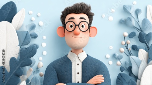 Man in glasses poses confidently against blue studio backdrop portrait of male wearing spectacles on vivid blue backdrop