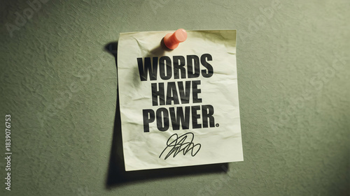 Crumpled Paper with “WORDS HAVE POWER” Pinned on Textured Olive-Green Wall