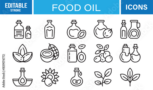Clean Food Oil Symbol Collection Including Natural Extracts, Fruits, Nuts, Leaves, Oil Bottles, and Minimal Culinary Icons