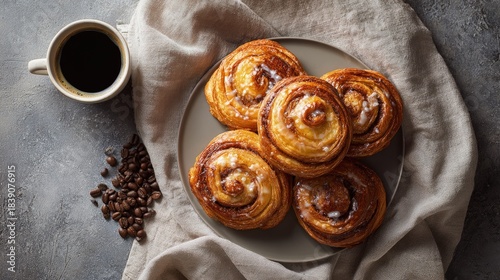 Flat lay of freshly baked Danish pastries glazed and golden with coffee beans and a linen napkin