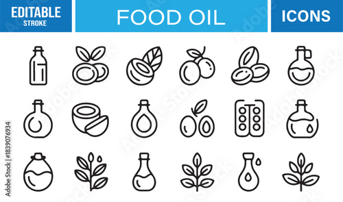 Minimal Line Icons of Food Oils Including Olive Oil, Coconut Oil, Seed Extracts, Nuts, Fruits, Drops, and Organic Ingredients