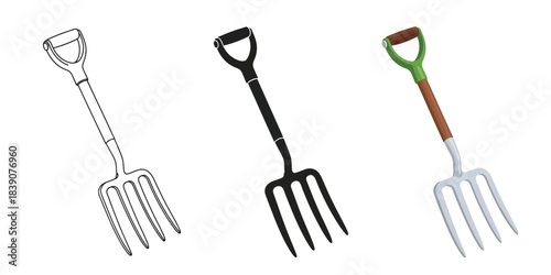 Three pitchfork or garden fork icons outline, solid black, and color illustration