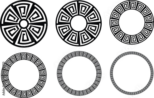 Set of intricate geometric circular frames with bold ornamental line patterns. Ideal for logos, borders, decorations, and digital artwork. High-detail symmetrical designs for modern creative projects.