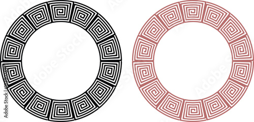 Elegant geometric circular frames featuring intricate black and red maze patterns. Perfect for decorative design, branding, and digital artwork. High-detail symmetric ornaments for modern projects.