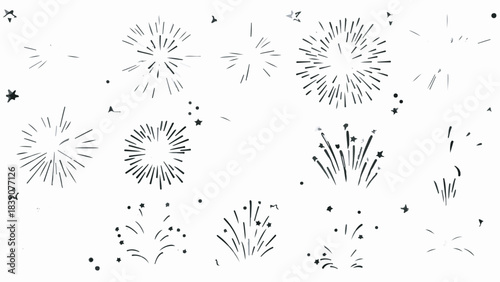 Collection of hand drawn black fireworks, explosion, and starburst vector elements isolated