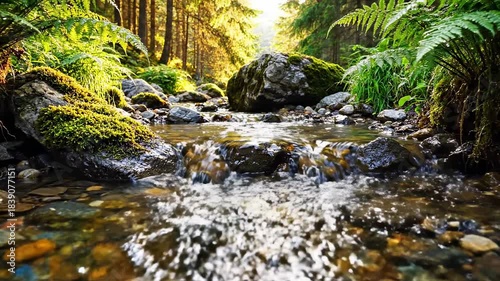 Serene Forest Stream Flowing Over Mossy Rocks Amidst Lush Greenery.