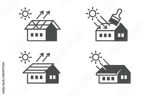 Solar heat management icons showing reflection and absorption on building surface