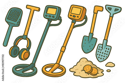 Assortment of metal detectors headphones shovels and buried treasure coins