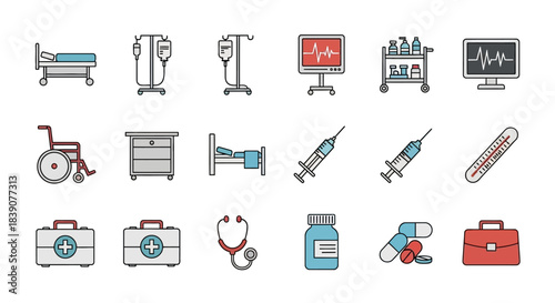 A collection of medical and healthcare icons, including hospital beds, IV drips, monitors, wheelchairs, syringes, first aid kits, and medicine.