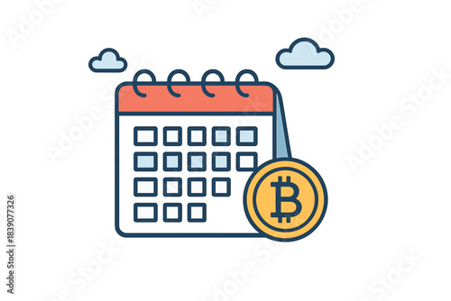 Calendar outline icon with cryptocurrency coin and abstract clouds