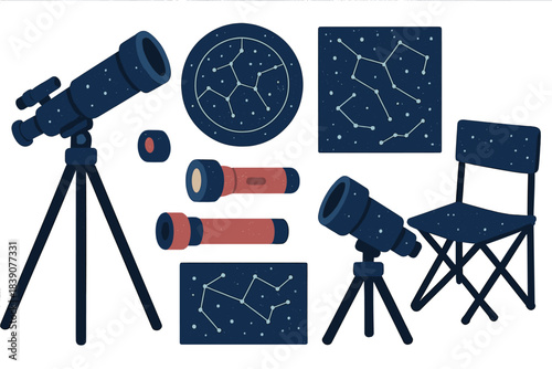 Set of astronomy equipment including telescopes and constellation charts