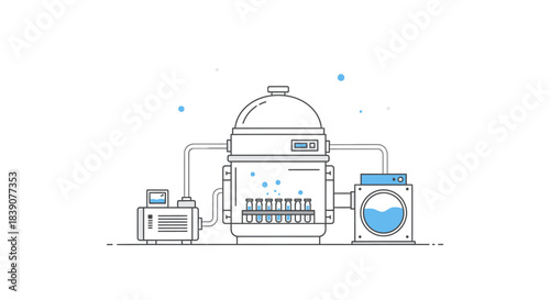 A clean line art illustration depicting a scientific or industrial process with a central reactor vessel and connected machinery, featuring fluid dynamics and purification.