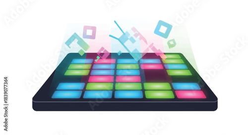 Colorful electronic music pad with illuminated squares for creating beats and rhythms.