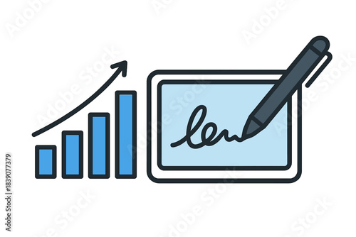 Digital signature and rising bar chart icon concept for business data