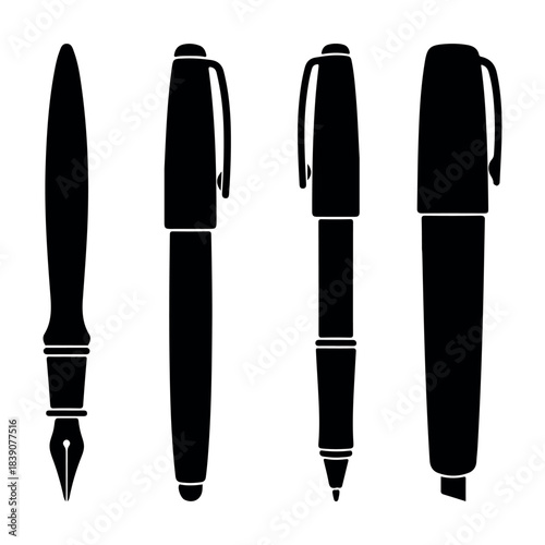 Vector Silhouette Set of Writing Tools Feather, Fountain, Rollerball Pens, and Marker