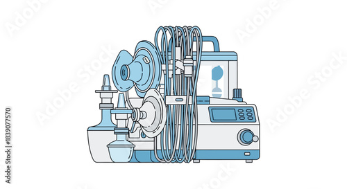 Medical ventilator system with masks and tubes for respiratory support.