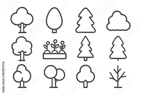 Collection of simple outline icons representing various trees and young plants