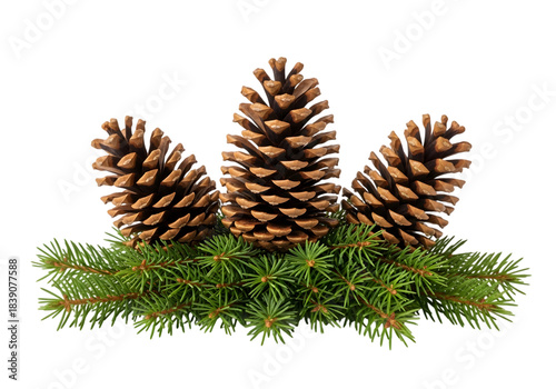 Three Pine Cones with Green Needles Isolated on transparent background
