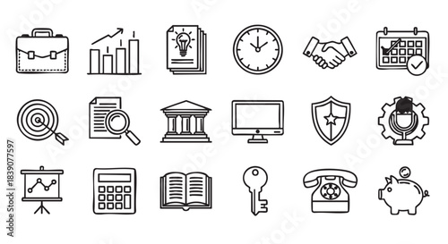 Hand drawn business and finance icon set black and white outline