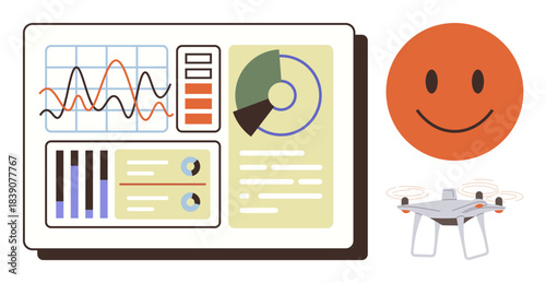 Data dashboard with analytics graphs and pie chart, smiling face symbolizing positivity, quadcopter capturing information. Ideal for business analysis, technology, innovation, emotion, monitoring