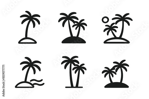 Tropical palm tree icons on small island symbols