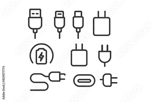 Collection of electronic charging connectors and power adapter icons outline set