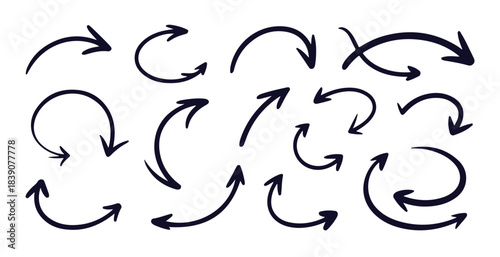 Set of 16 hand drawn doodle arrows for navigation or direction, sketch arrows, pointers and cursors