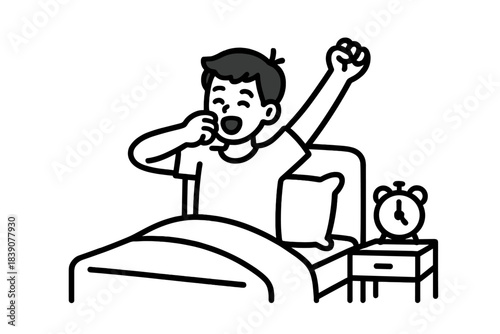 Young man stretching arms while waking up in bed near alarm clock