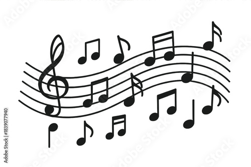 Black musical notes and treble clef on curved staff lines