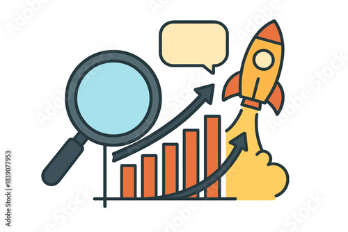 Startup success and rapid business progress analysis with magnifying glass