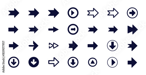 Collection of black arrow icons pointing right and down different shapes and styles on white background