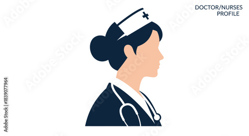 A side profile silhouette of a female nurse wearing a cap and stethoscope, representing healthcare professionals.