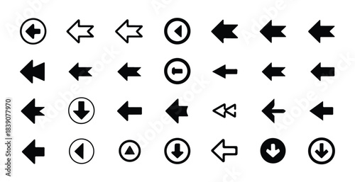 Collection of black arrow icons pointing left and down different shapes and styles on white background