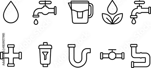 Water faucet and filtration icons set. Drops, taps, eco water filters, plumbing outline symbols
