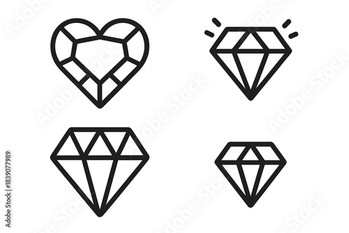 Collection of black outline icons depicting various diamond and gemstone shapes
