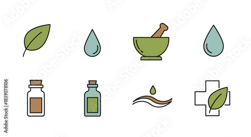 A collection of eight minimalist icons representing natural health, herbal medicine, and essential oils, including leaves, drops, mortar and pestle, and bottles.